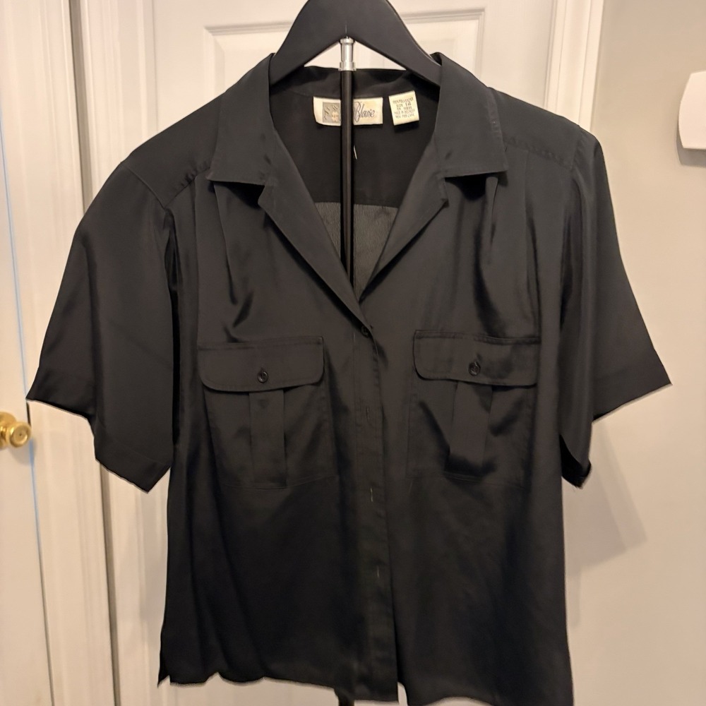 Vtg 90s La Blouse Black Short Sleeve Button Up Camp Shirt Utility Goth Casual